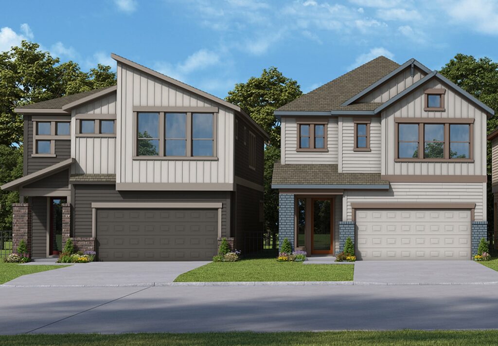 Two modern two-story homes in Easton Park's Nelson Village neighborhood featuring contemporary farmhouse architecture with board-and-batten siding, covered entryways, and landscaped front yards.
