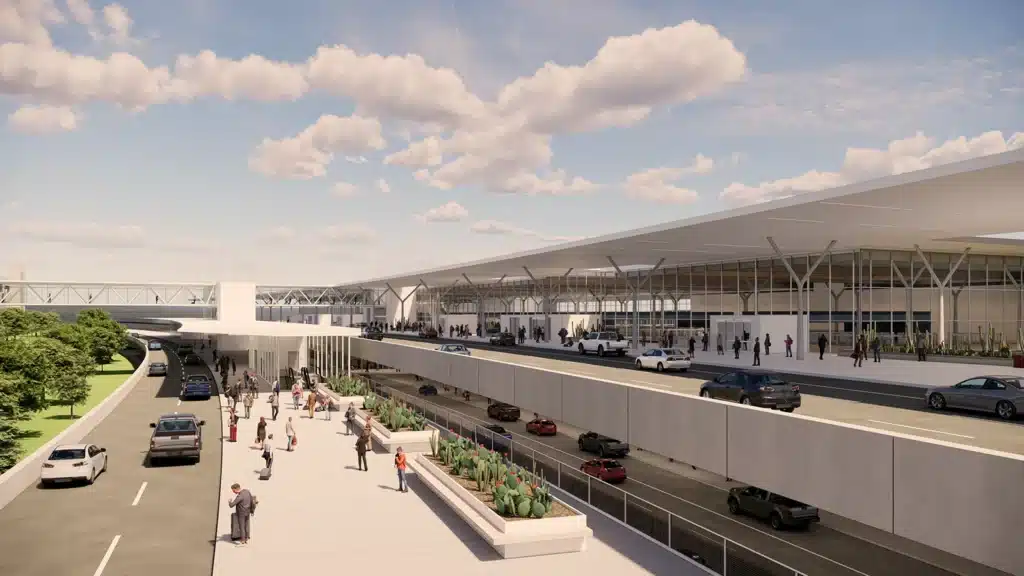 Exterior rendering of A & D hall exterior at ABIA