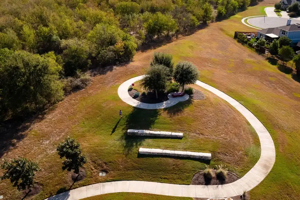 Overhead view of park area in Easton Park neighborhood in Austin, Texas.