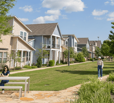row of houses with a person on a path and a person sitting at a table
